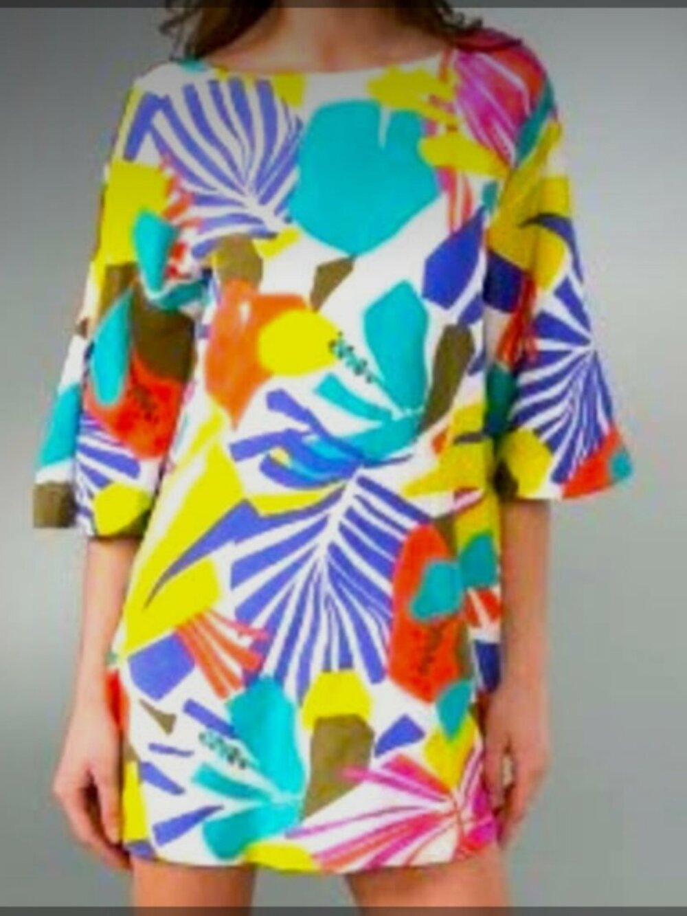 Alice + Olivia Silk Tropical Floral Print Bell Sleeve Mini Dress Size XL